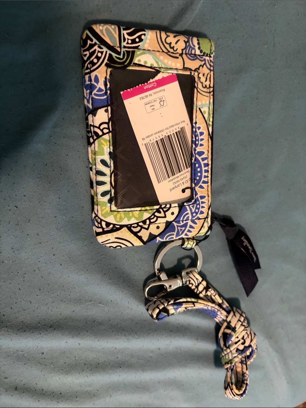 Vera Bradley Patterned Fabric ID Wallet with Lanyard - Blue, Green, Black